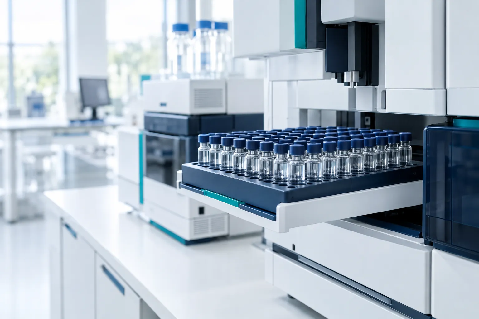 HPLC autosampler tray loaded with sealed sample vials in a bright analytical laboratory